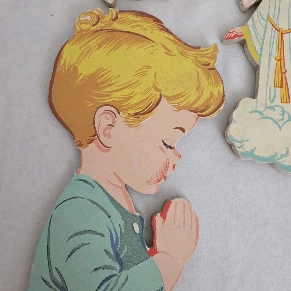 VTG 50s Dolly‎ Toy Boy & Girl Praying Angel Doves Wall Decor Evening Prayer